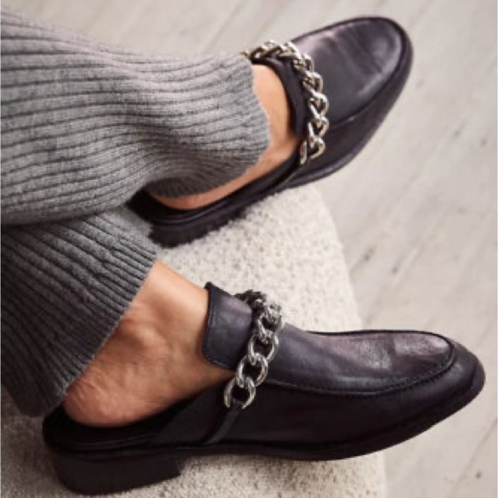 Free People Black Mules with Silver Chain